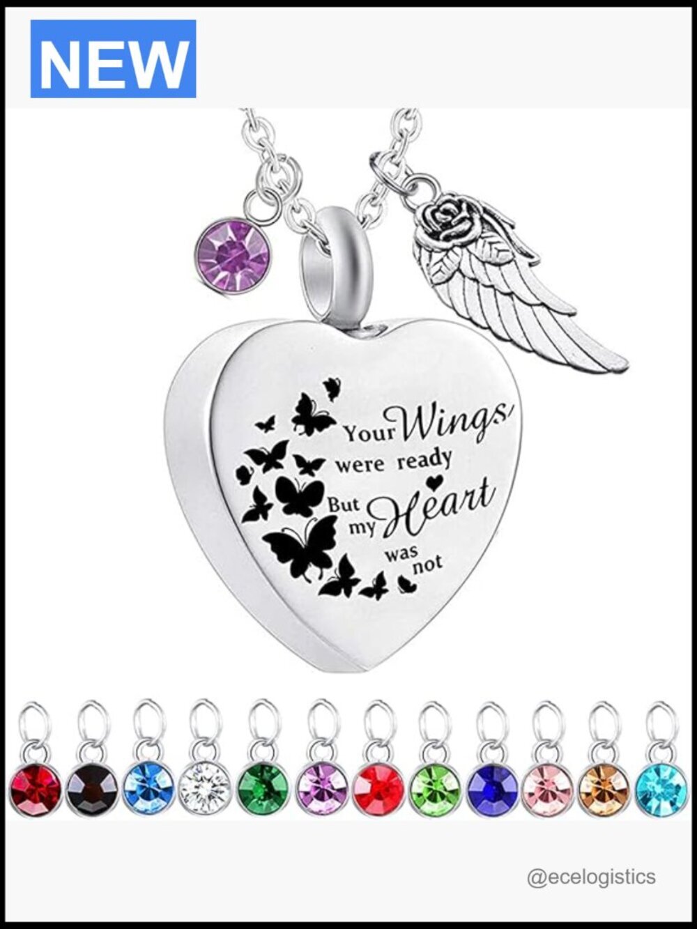 Memorial Urn Necklace with Angel Wing Charm and Birthstone Crystal